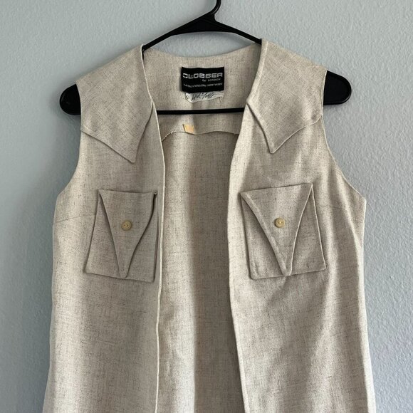Clobber of London by Mindy Malone Vintage 60's Linen Open Front Vest Khaki OS - Picture 2 of 8